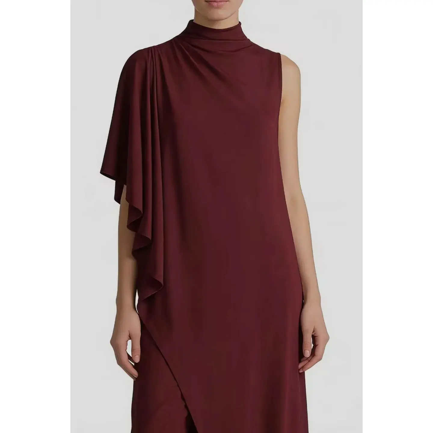 Spring Summer New Women's Short Sleeve Asymmetrical Hem High Collar Pure Color Pleated Top Casual Style Loose Fit Polyester T...