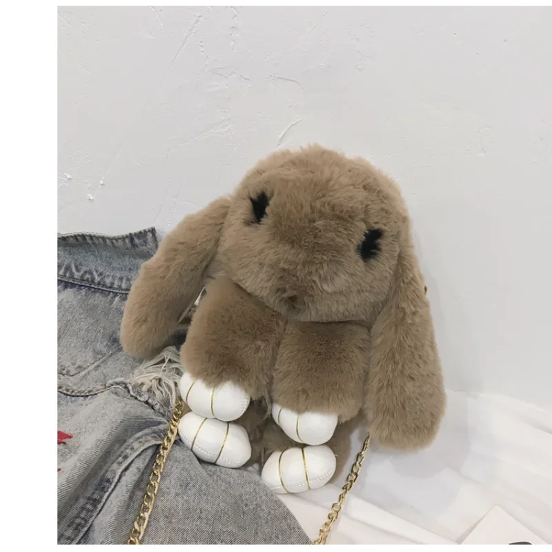 Bolso de hombro de conejo de felpa para mujer, bandolera pequeña de piel sintética con cadenas de dibujos animados, 21 colores