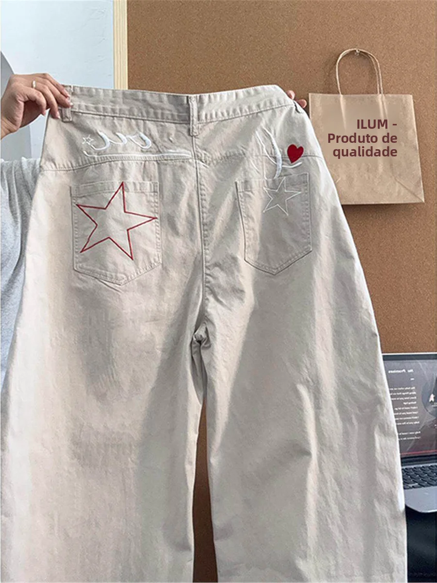 Calças Jeans Retrô Americanas com Bordado de Letras e Detalhes de Corte, Unissex, Verão, Soltas, Comprimento Longo, Perna Ret...