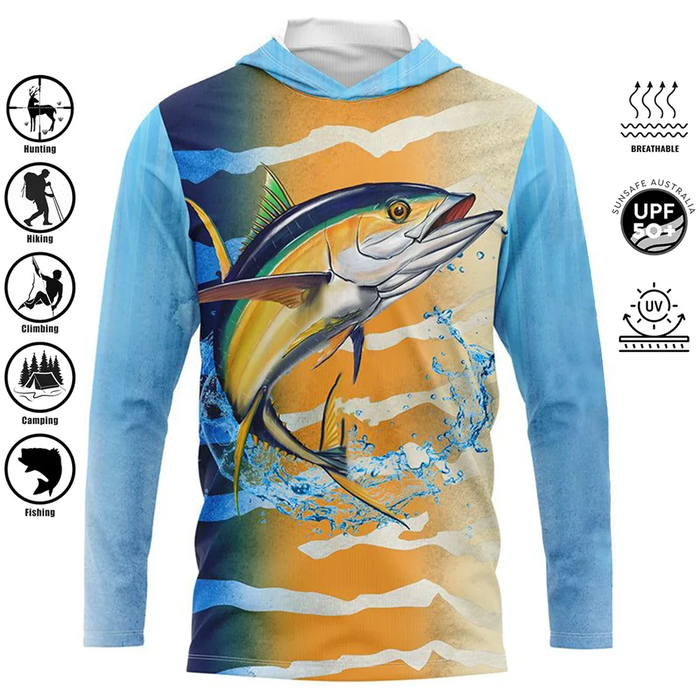 UPF 50+ Uv Protection Quick Dry Tops Thin Breathable Outdoor Hoodie Printing Fishing Shirt Men's Long Sleeve Performance Shirt