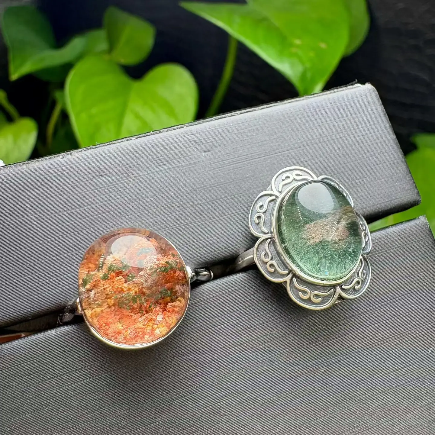 1 Pc Fengbaowu Natural Stone Colorful Garden Phantom Quartz Lodolite Ring Oval Cabochon 925 Sterling Silver Fashion Jewelry Gift