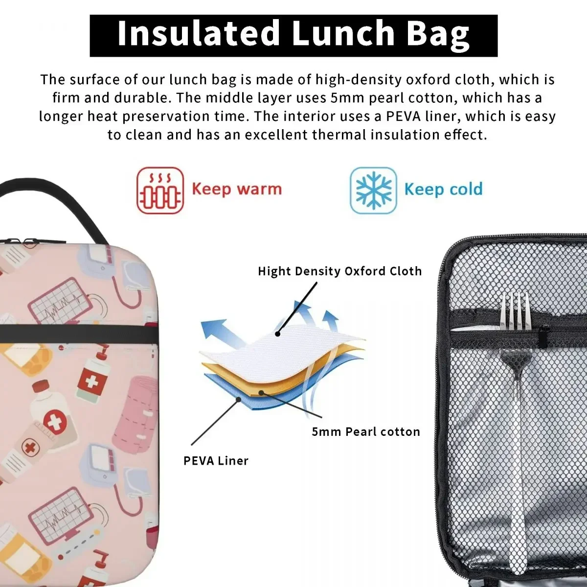 Emergency Nurse Pattern Bandaid Thermal Insulated Lunch Bags for Picnic Portable Food Container Bags Cooler Thermal Lunch Boxes