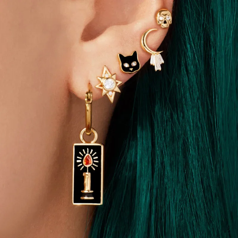 Europe and America Gold Color Adorned with Zircon Black Cat Eye Studs UNISEX High End Punk Hip-hop Party Fashion Jewelry Earring