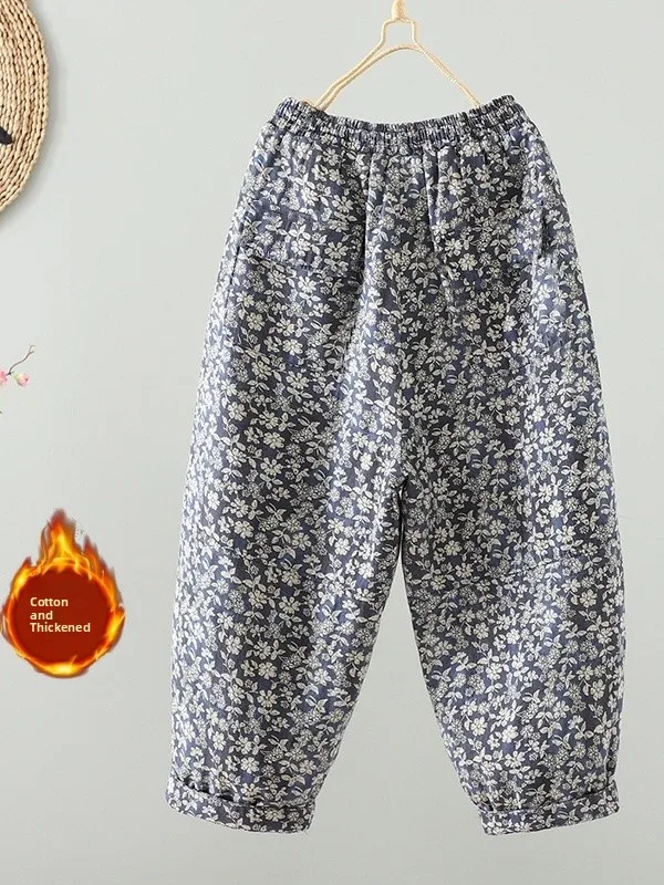 Pantalon en coton imprimé rétro pour femme, décontracté, ample, jambe droite, taille haute, épissage, Proc Faion, hiver
