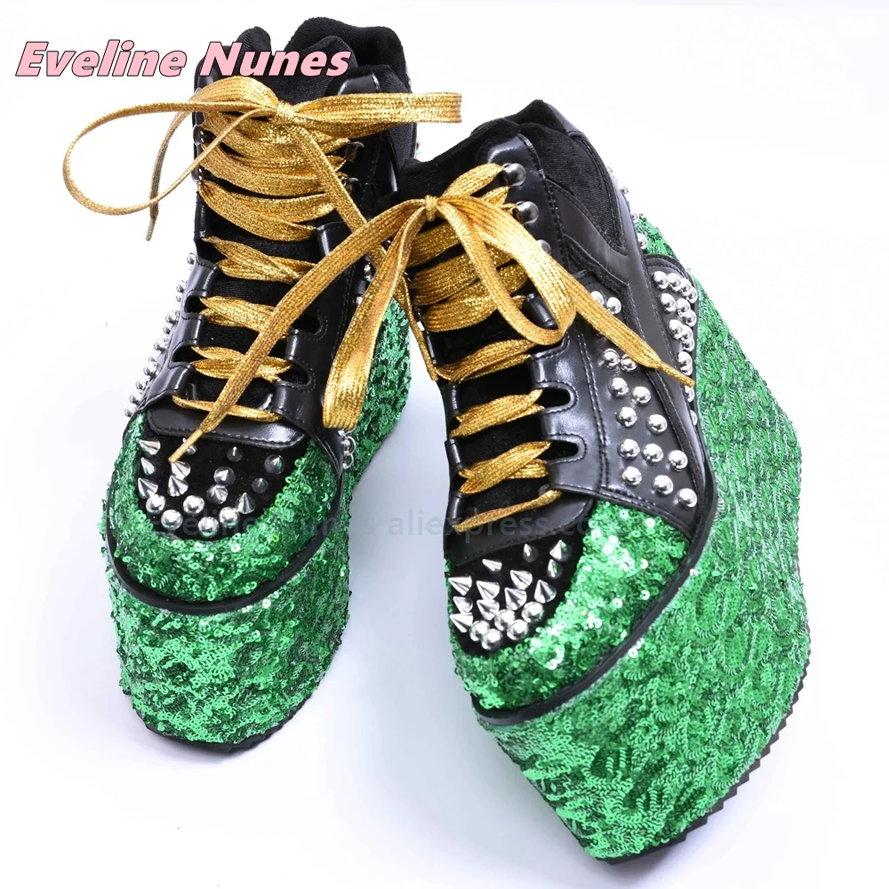 Women Green Sequin Platform Sneakers High Top Spiked Rivet Lace Up Shoes Chunky Thick Sole Punk Footwear Glitter Fashion Shoes
