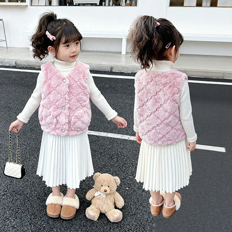 طفل أطفال 3D زهرة النسيج أرنب الفراء سترة للفتيات الصغيرات لطيف أكمام الوردي سترة الخريف الشتاء الأطفال صدرية أنيقة #1