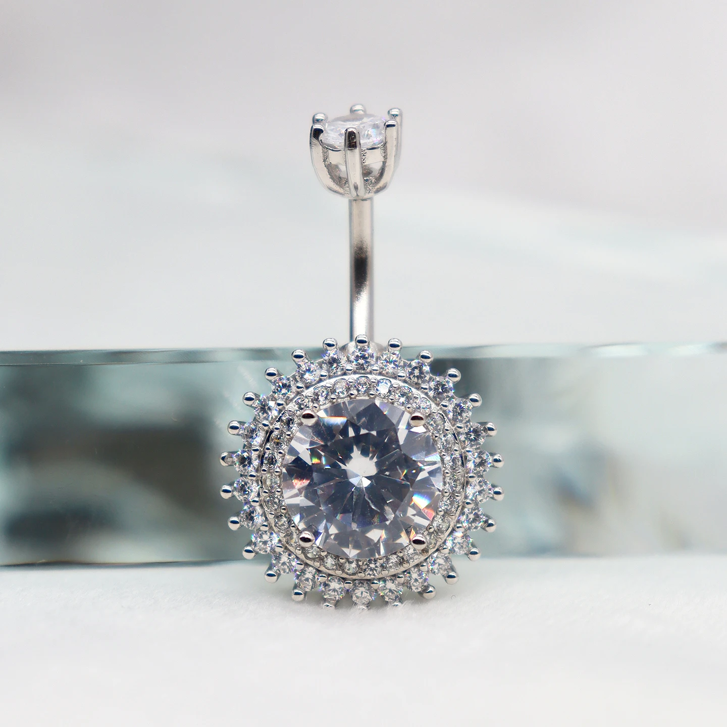 925 Sterling Silver Big Round CZ Belly Button Ring Navel Piercing Barbell Body Jewelry for Women Sexy Belly Piercing Accessory