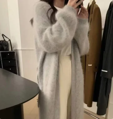 

Fluffy Mink Cashmere Sweater Autumn New Sable Long Cardigan with Belt Women's Sweater Loose Knitted Coat FB1029