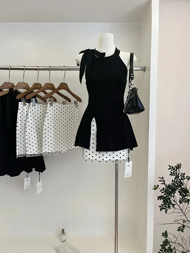 

American Style Women Outfits 2 Piece Skirts Set O-Neck Bow Off Shoulder Tank Top + New Design Polka Dot Slim Wrap Hip Mini Skirt