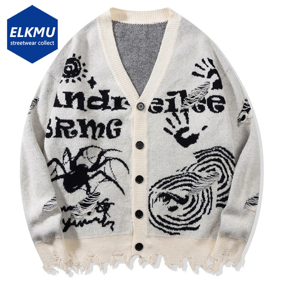 

Harajuku Vintage Oversized Sweaters Spide Graphic Ripped Tassel Sweaters Knit Cardigan Streetwear Harajuku Hip Hop Sweaters