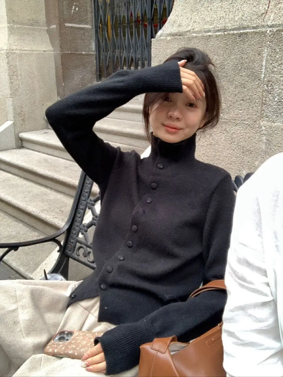 Maglione bidirezionale stile coreano da donna cardigan in maglia allentata a collo alto 2025 pullover caldo invernale versatile top pigro