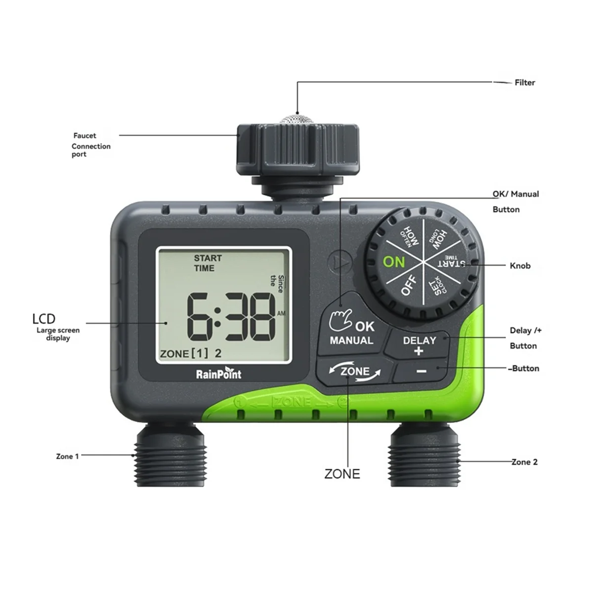 A72Z  Garden Water Timer Dual Irrigation, Intelligent Timing Controller, Automatic Watering Device with Rain Delay