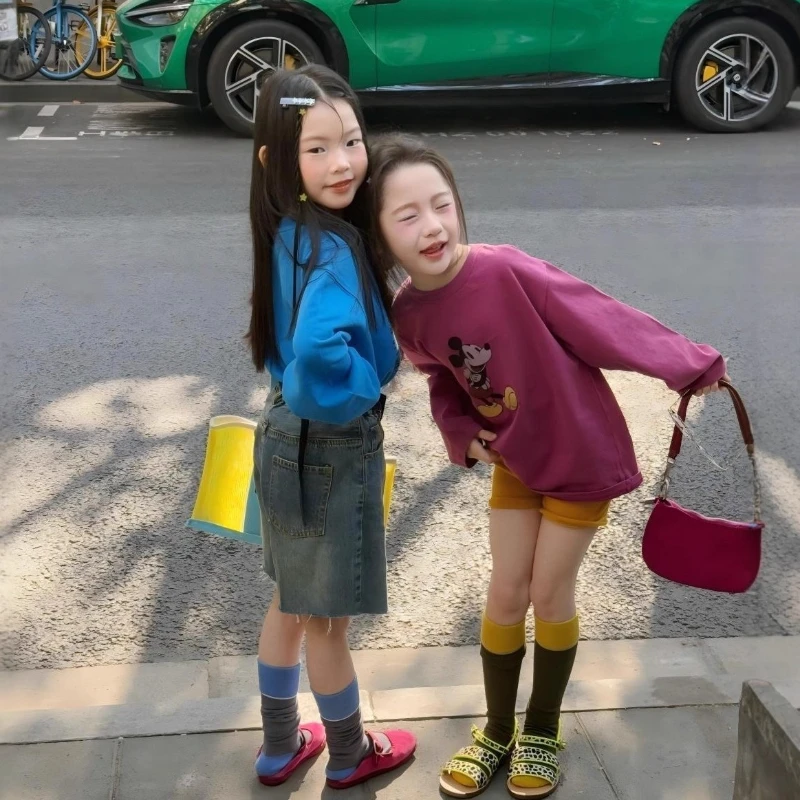 

2026 Mickey Girls Spring Set, Korean Cropped Tee & Denim Shorts Outfit Kids Casual Two-Piece New Arrival