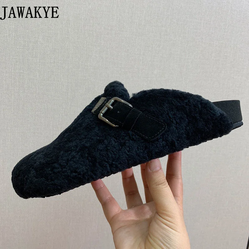 

2023 Winter New Wool Fur Slippers Women Wrap Toe Metal Buckle Furry Shoes Casual Brand Mules Flat Heel Ladies Outdoor Slippers