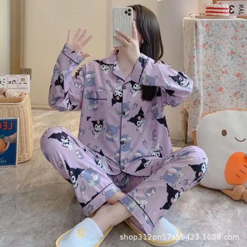 Sanrio Kuromi Long-Sleeved Pajamas Set Kawaii Cartoon Cinnamoroll Printing Spring Autumn Thin Polyester Cute Girls Home Clothes