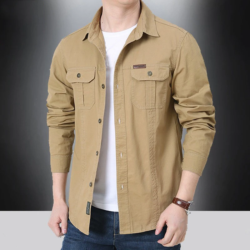 

Spring Autumn Men's Long Sleeve Pure Cotton Casual Shirt Loose Fit Thin Style Workwear Jacket with Pockets for Younger Adults