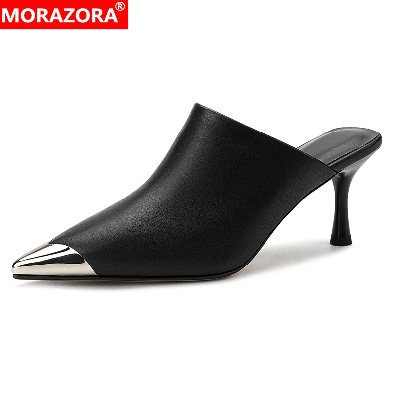 

MORAZORA Size 34-43 Genuine Leather Slippers Women Shoes Metal Pointed Toe Stiletto High Heels Mules Black Party Prom Shoes