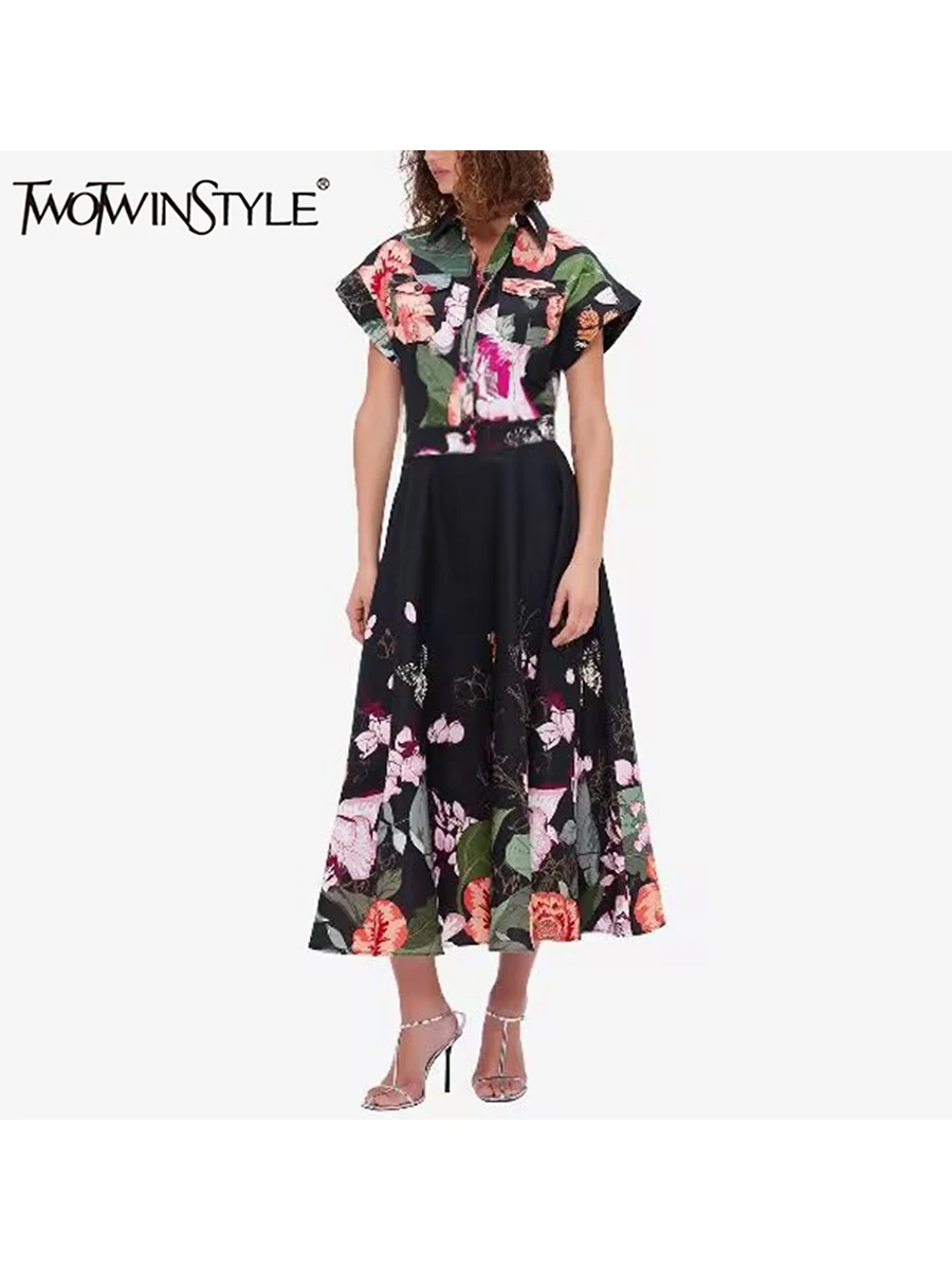 TWOTWINSTYLE Colorblock Floral Printted Casual Midi Dresses For Women Lapel Long Sleeve Patchwork Button Loose Dresses Female