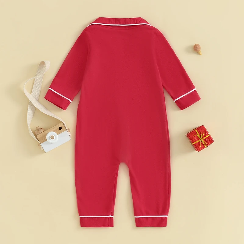 Baby Girls Summer Jumpsuit Pajama Red Long Sleeve Lapel Button Up Sleepwear Romper