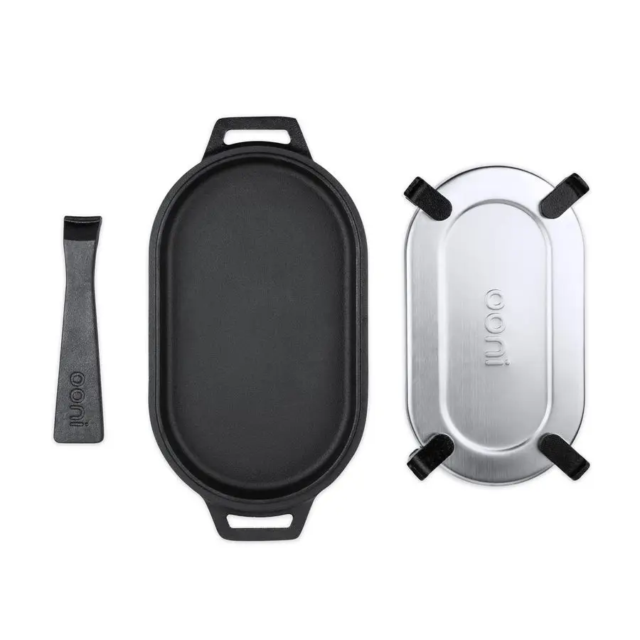 

Чугунная сковорода-гриль Sizzler, 12 x 6 дюймов, с съемной ручкой и подставкой из нержавеющей стали, предварительно обработанная, без покрытия