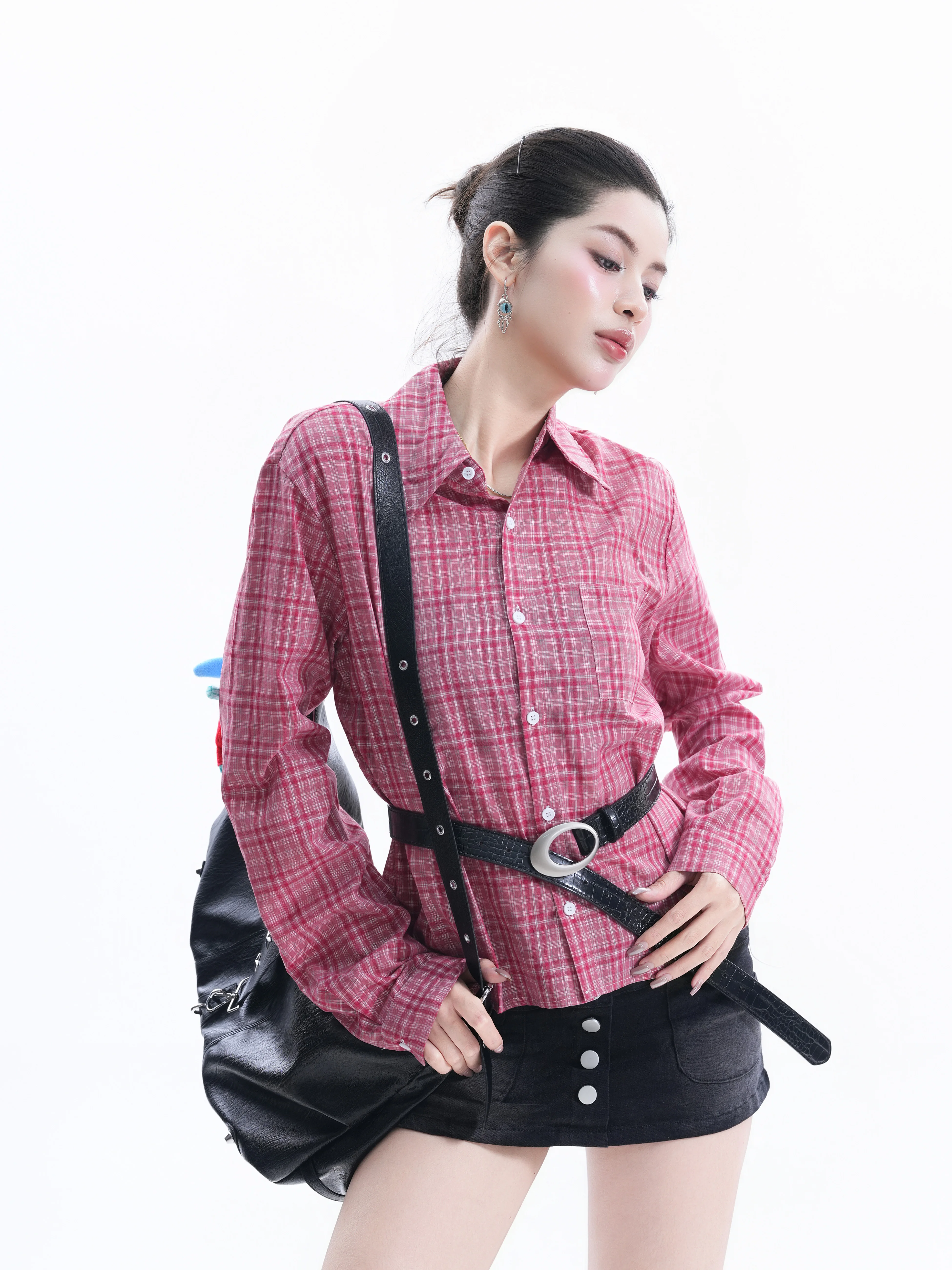 

Small Ball College Style Plaid Short Loose Women's Shirt American Retro Sweet Cool Girl Top Cotton Long Sleeve Button up