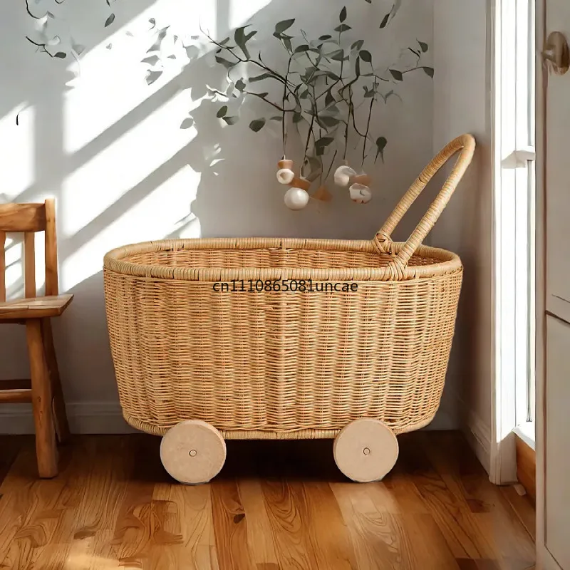 

Retro Rattan Stroller Shape Storage Basket Hand-woven Home Bedroom Flower Basket Photo Props