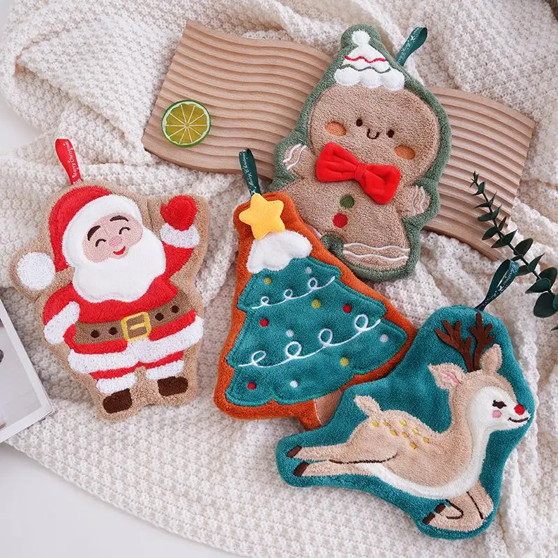 1PC Coral Fleece Christmas Santa Claus Hand Towels Water Absorption Quick-drying Hand Towel Christmas Tree Bell Kitchen Bathroom