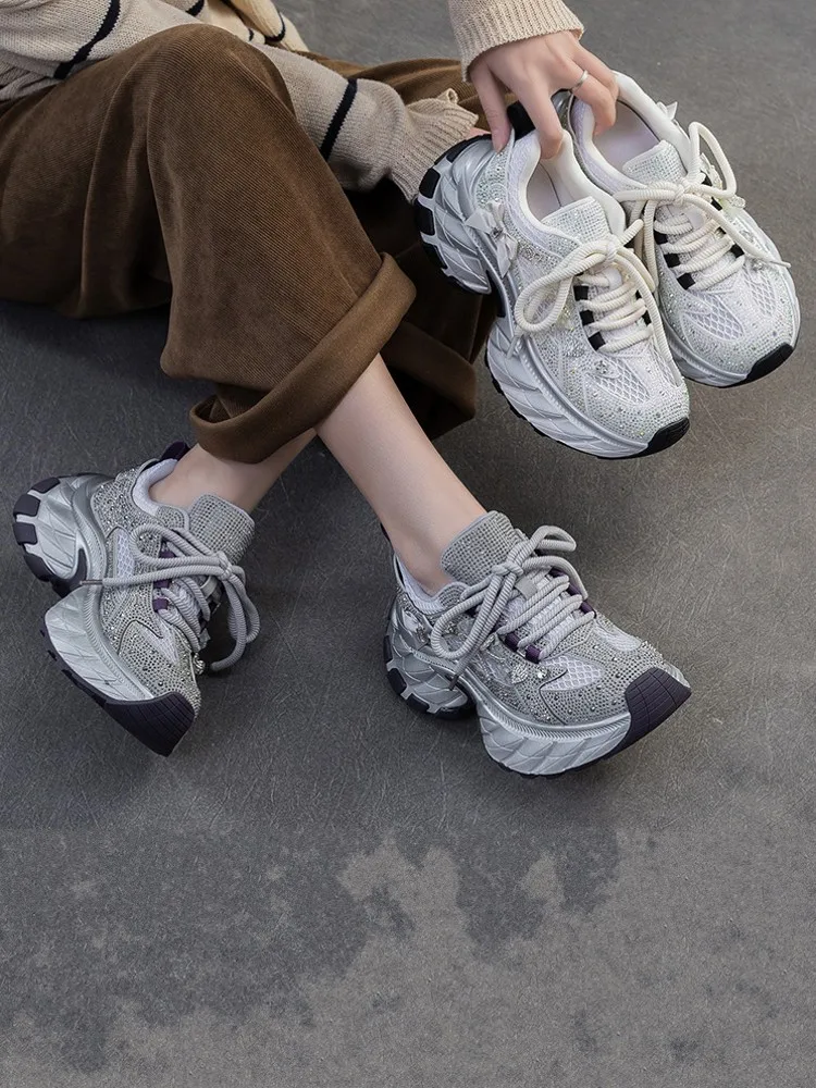 New Women Lace Up Sport Shoes Patchwork Mesh Thick Bottom Diamonds Spring Summer Breathable Running Trainers Platform Sneakers