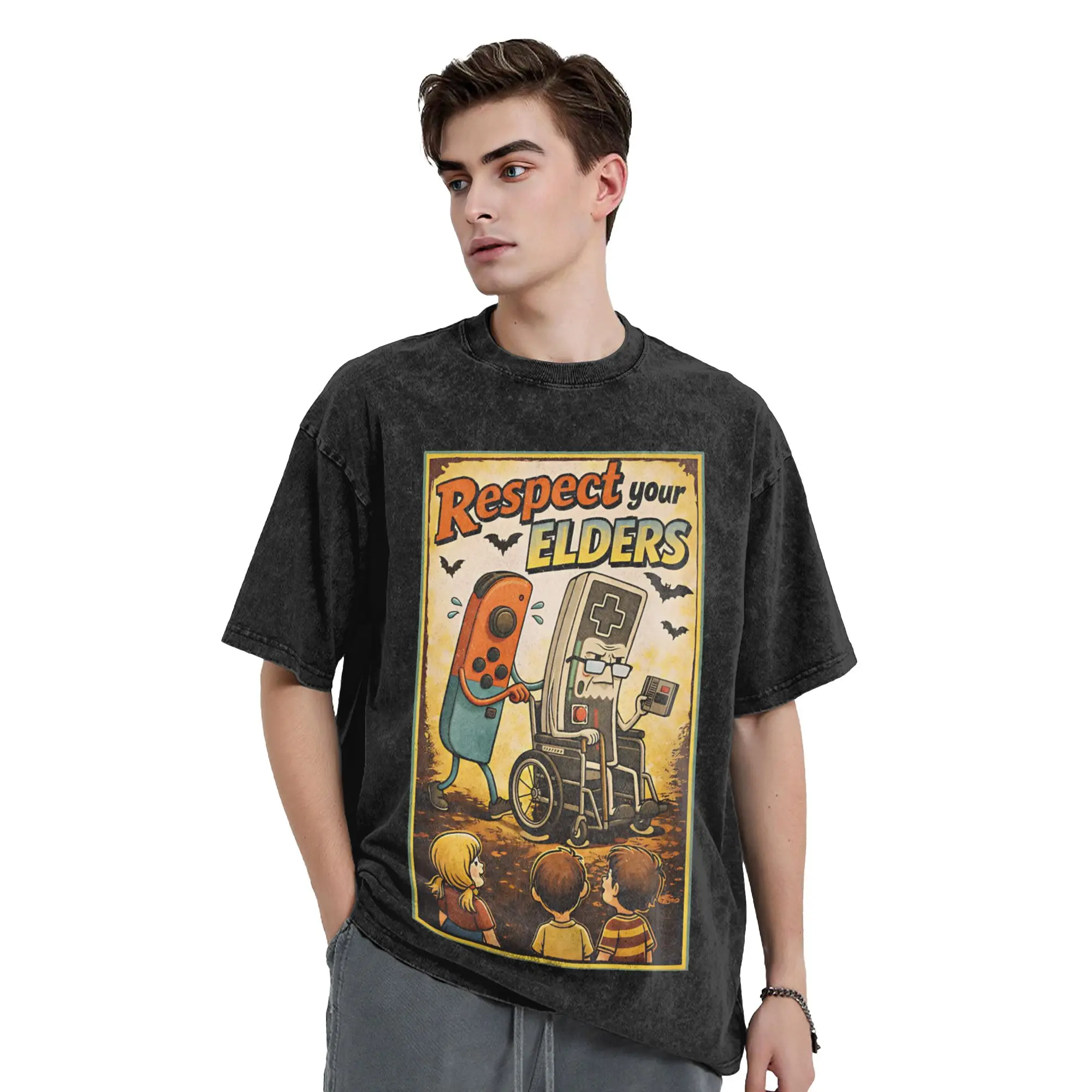 Respect Your Elders Retro Gaming  Vintage Washed T Shirt Cotton Tops Shirts Vintage Funny Gamer  O-neck Short Sleeve
