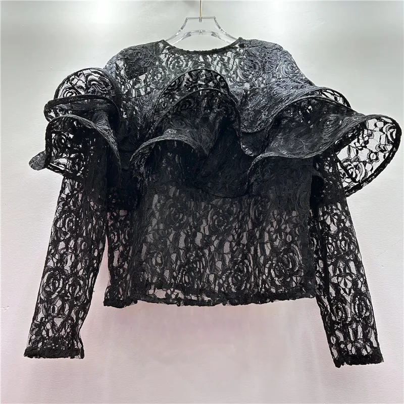 2025 Spring New Design Sense Niche Elegant High-end Fashion Layer Three-dimensional Ruffle Edge Lace Shirt Fashion Top For Women