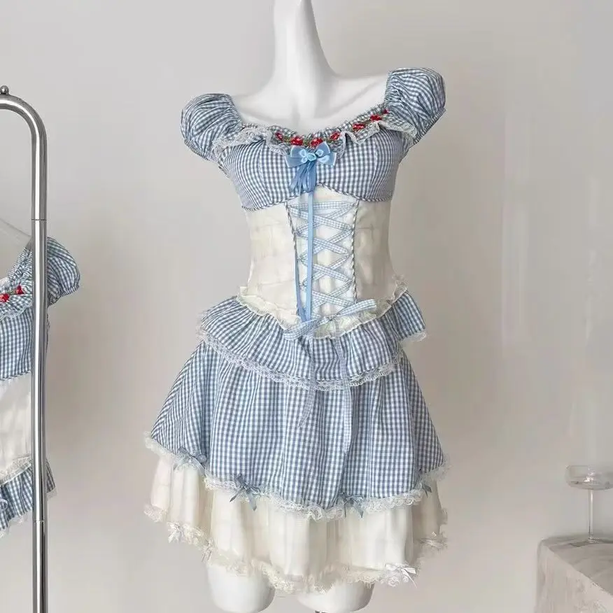 

Sweet Lolita Plaid Two Piece Set Women Puff Sleeve Lace Top with Tiered Ruffle Skirt Coquette Aesthetic Cute Bow Princess Set
