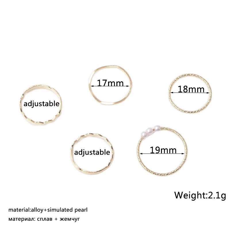 5pcs/set Women Rings Set New Boho Style Wave Shape Rings Gold Color Metal Open Rings Imitation Pearls Fingers Accessories view 2