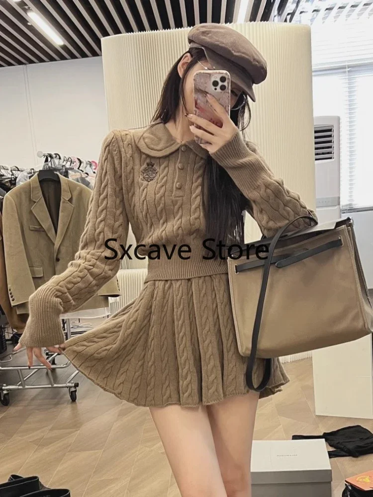 Elegant 2 Piece Skirts Set Women 2023 Autumn Y2k Crop Tops Sweater + Casual Mini Skirt Office Lady Party Korean Knitted Suit