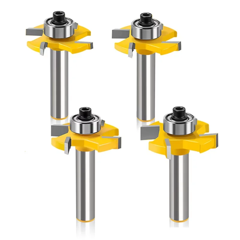 8mm Shank 4-Flute T-Slot Router Bit with Bearing, Yellow, Tungsten Carbide Grooving Milling Cutter for Woodworking
