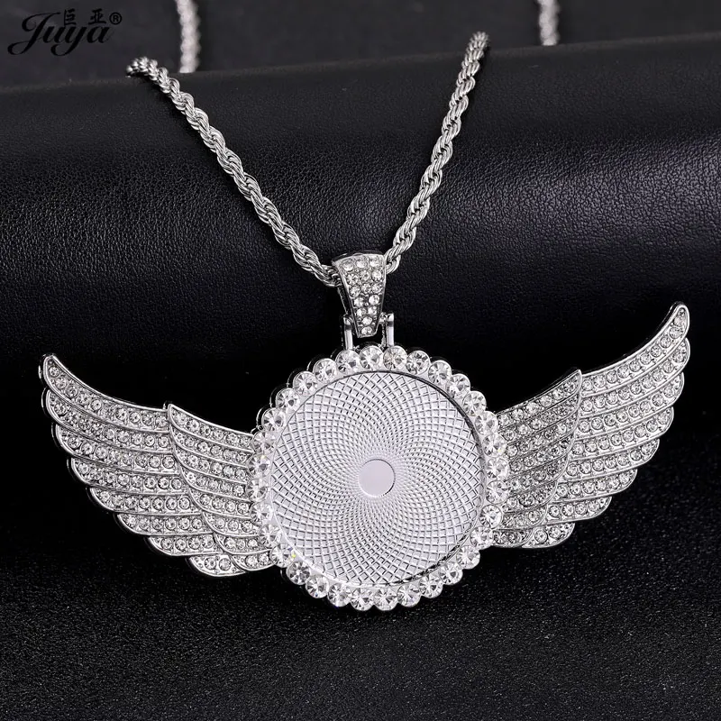 

25/30mm Blank Wings Pendant Cabochon Base Tray With 60cm Stainless Steel Chain Fit For DIY Hiphop Necklaces Jewelry