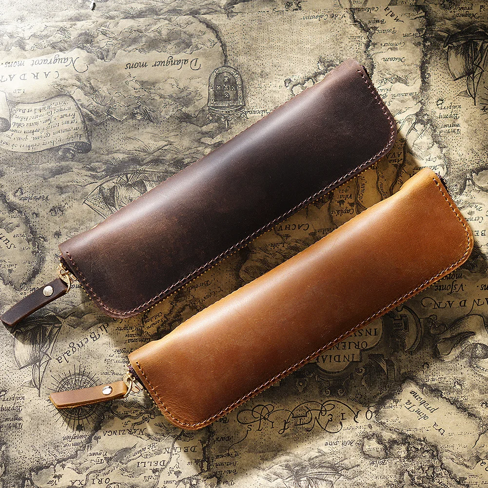 Handmade Retro Genuine Leather Pen Bag Large Capacity Cowhide Zipper Pencil Case Holder Glasses Case Pure Cowhide