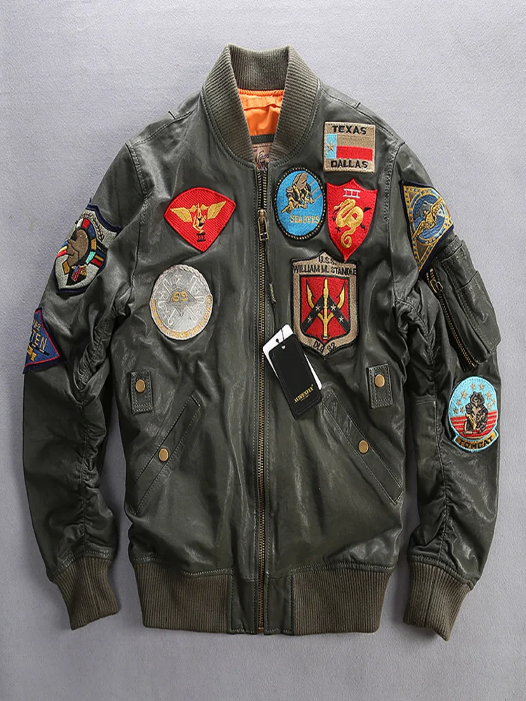 Customize Plus Size 8XL Air force Genuine Leather Jacket Top Quality Army Green Pilot Flight