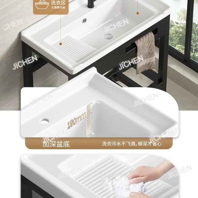 

HSBalcony stainless steel bracket ceramic laundry basin with washboard deepened laundry pool basin integrated floor laundry sink