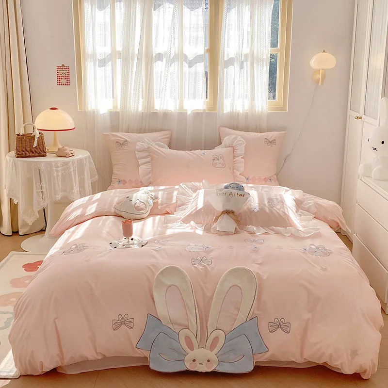 Princess wind washed cotton four-piece set cloth embroidery pure cotton quilt cover sheets girls 1.2 bedding