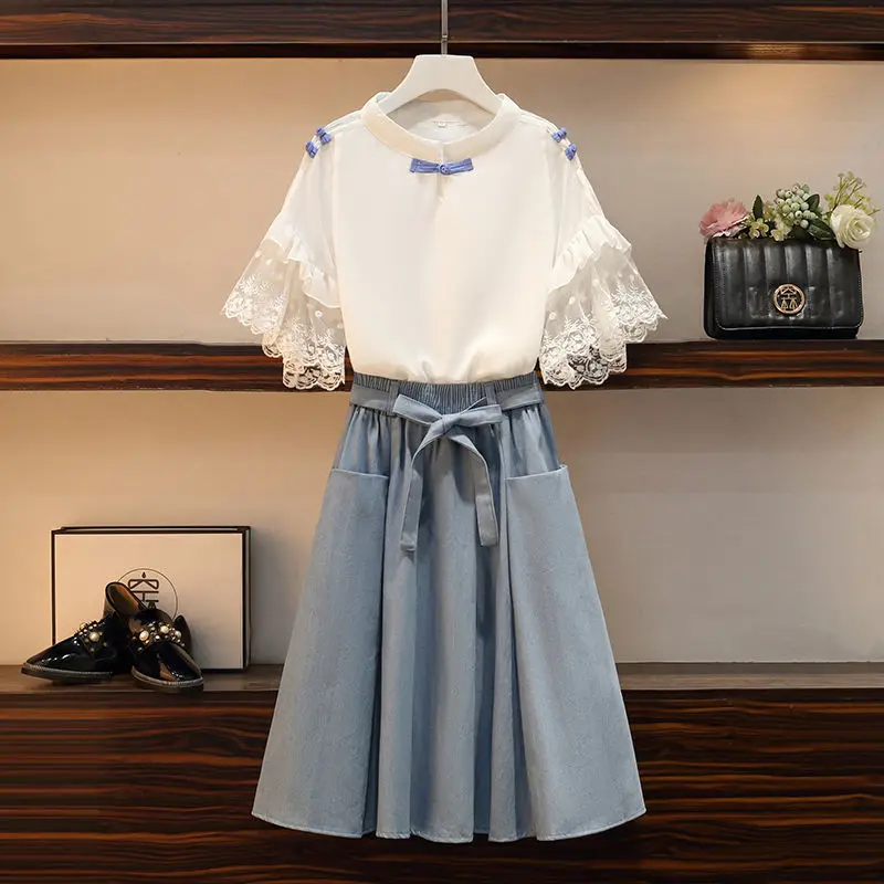 Women\'s Summer Sweet Bowknot Lace White Shirt Midi Skirts Two Piece Dress Set Korean Student Casual Daily Top Skirt Outfits 2022