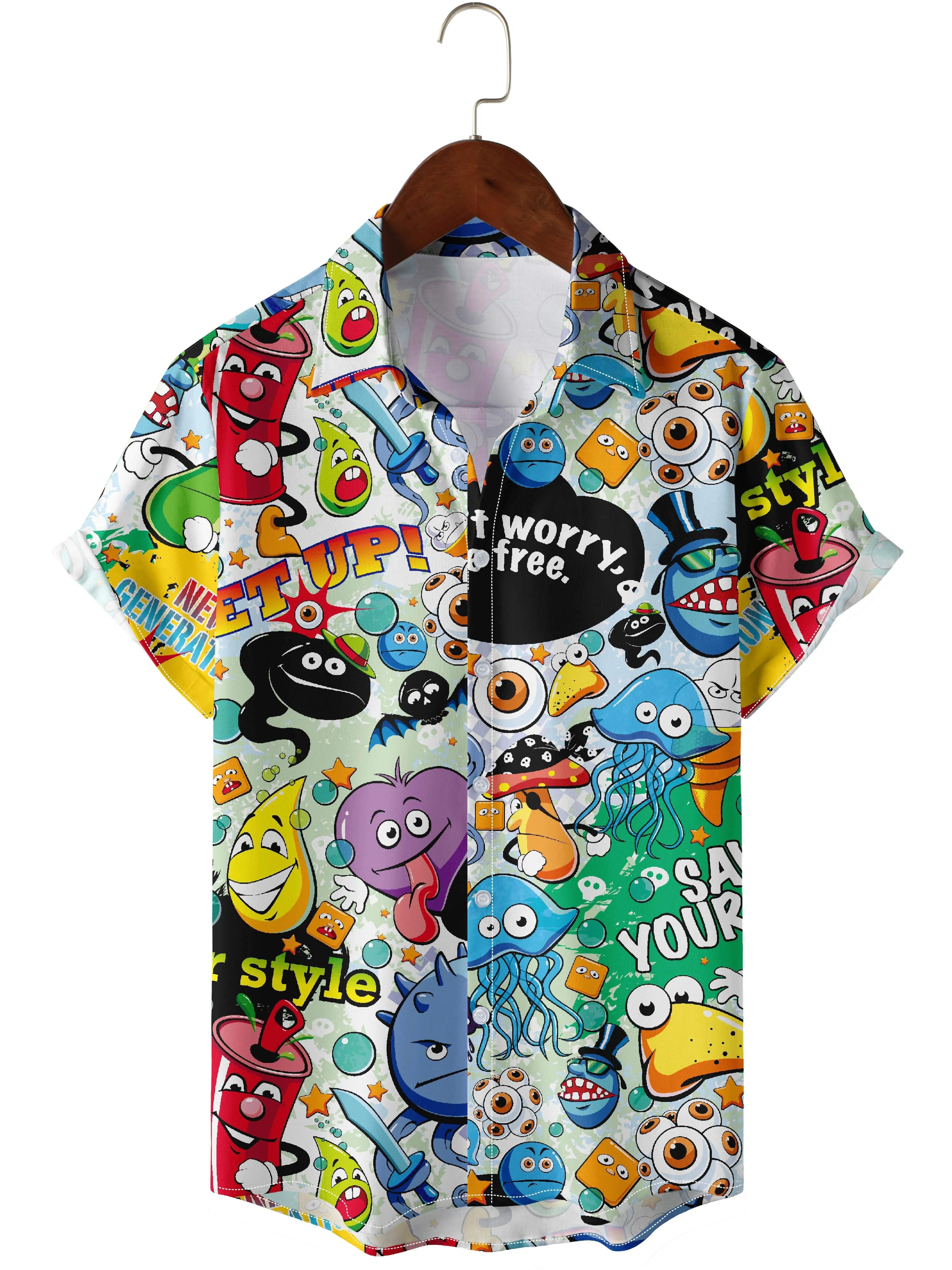 

Colorful Cartoon Print - Hawaiian Shirt Button Up Short Sleeve Beach Shirt Summer Casual Aloha Shirt