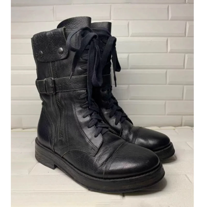 

Мужские черные ботинки на платформе с боковой молнией и шнуровкой, с пряжкой спереди, средней высоты, в стиле милитари, мотоботинки для мужчин