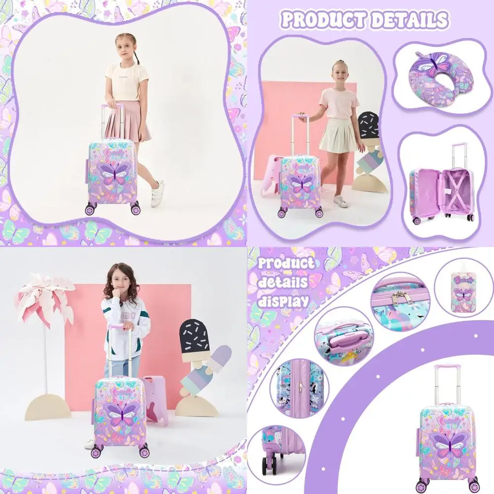 

Girls 16 Hardside Spinner Suitcase Set with Neck Pillow, Airline Approved for Toddler Travel