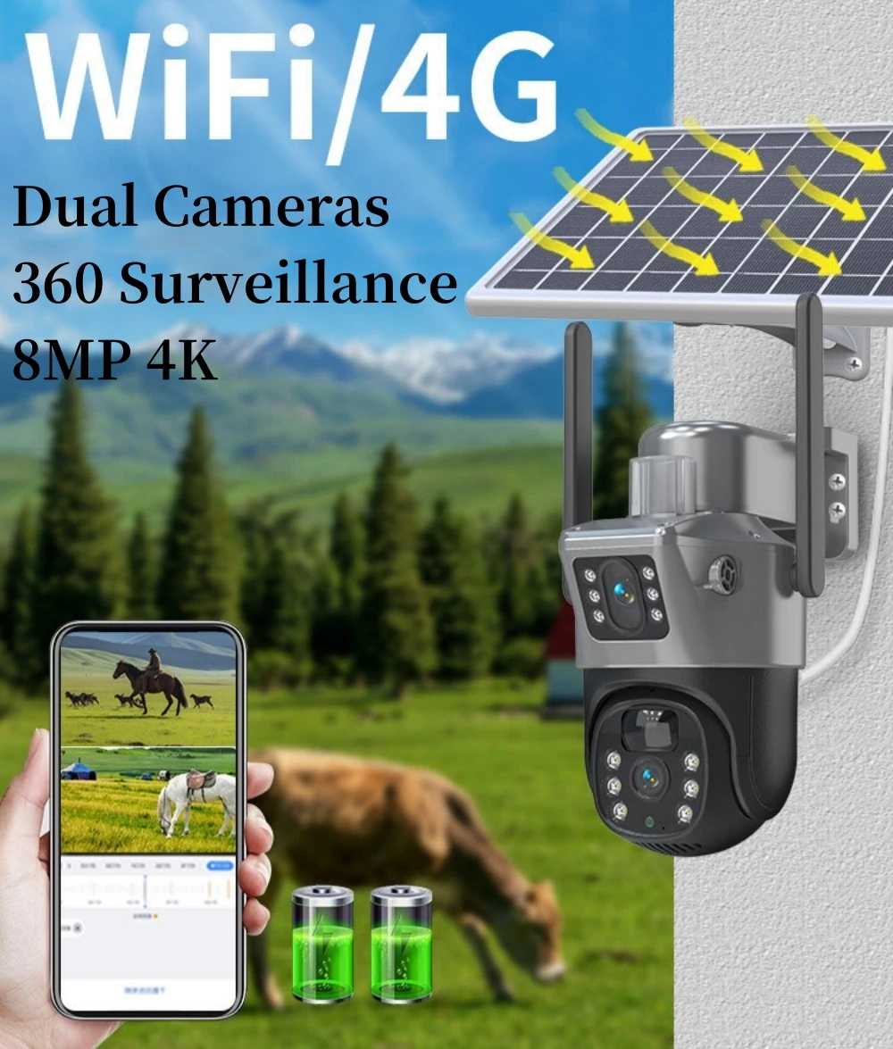 SolarPanel V380 4G WiFi 듀얼 렌즈 360° 카메라 8MP 4K CCTV 충전 실외 보안 방수 대용량 배터리 자동 추적 기능이 있는 태양광 카메라 태양광 감시 카메라