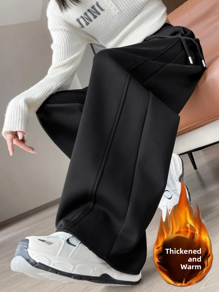 ラムベルベット レディース 冬 ストレートレッグ ワイドレッグパンツ 裏起毛 アウター コットンパンツ ブラック スリムフィット バナナパンツ