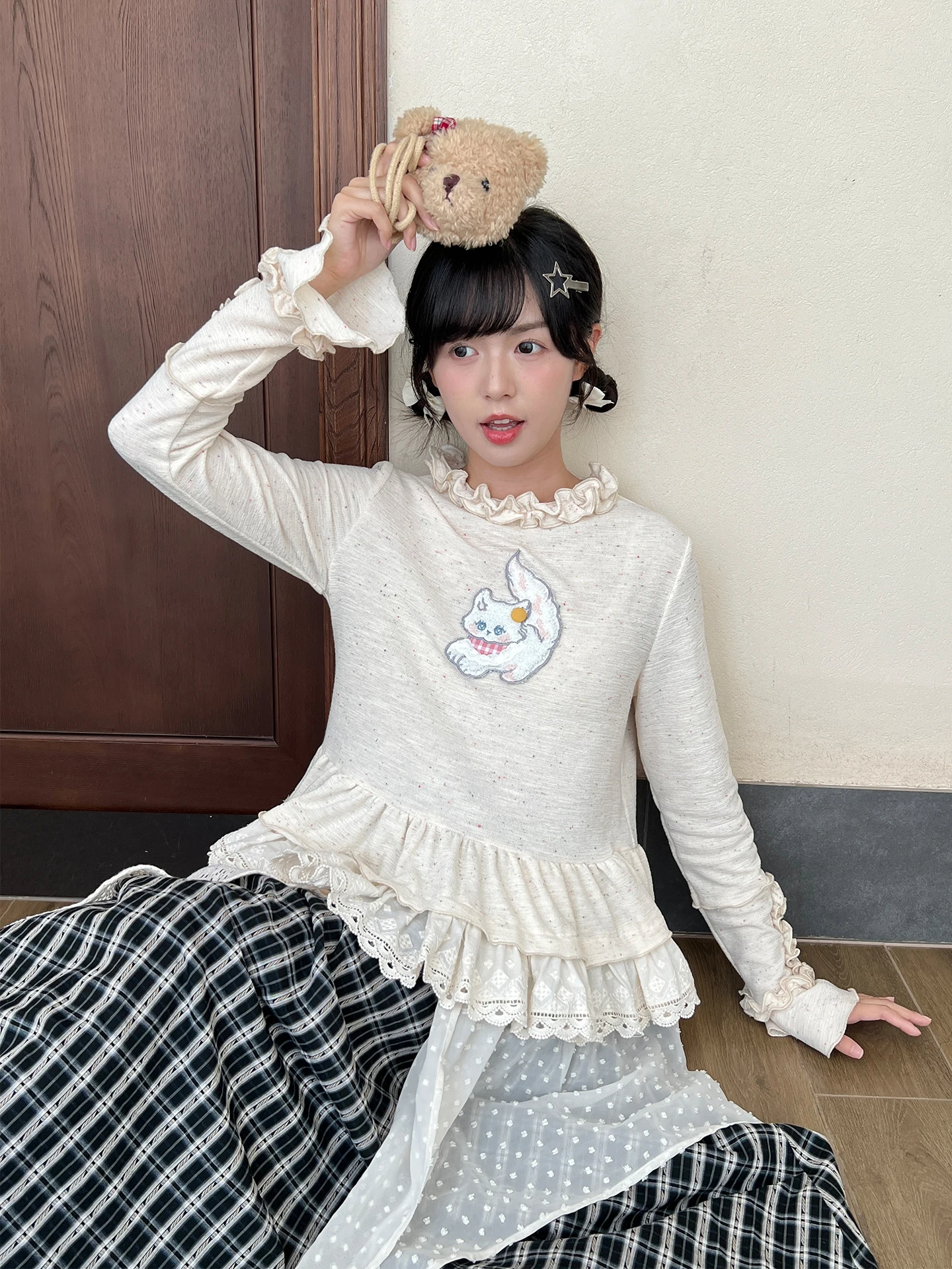 

Женский вязаный длинный топ с французской вышивкой Sve Base irt, осенне-зимний теплый внутренний топ, повседневный свободный крой, круглый топ Ne