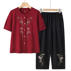 Grandma's Summer Short Sleeve Shirt Pant Sets Cardigan 2 Piece Sets Women Outfit Embroidery Print Cotton Linen Mother Suit