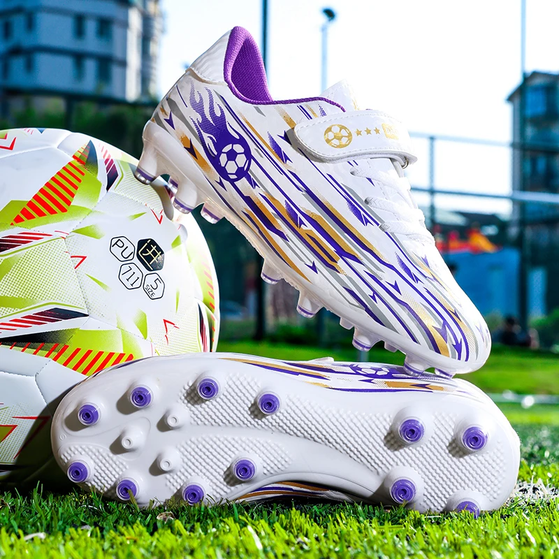 A pair of children firm-ground football boots, lace & velcro double fixed, lightweight wear-resistant match sneakers CT-186-1