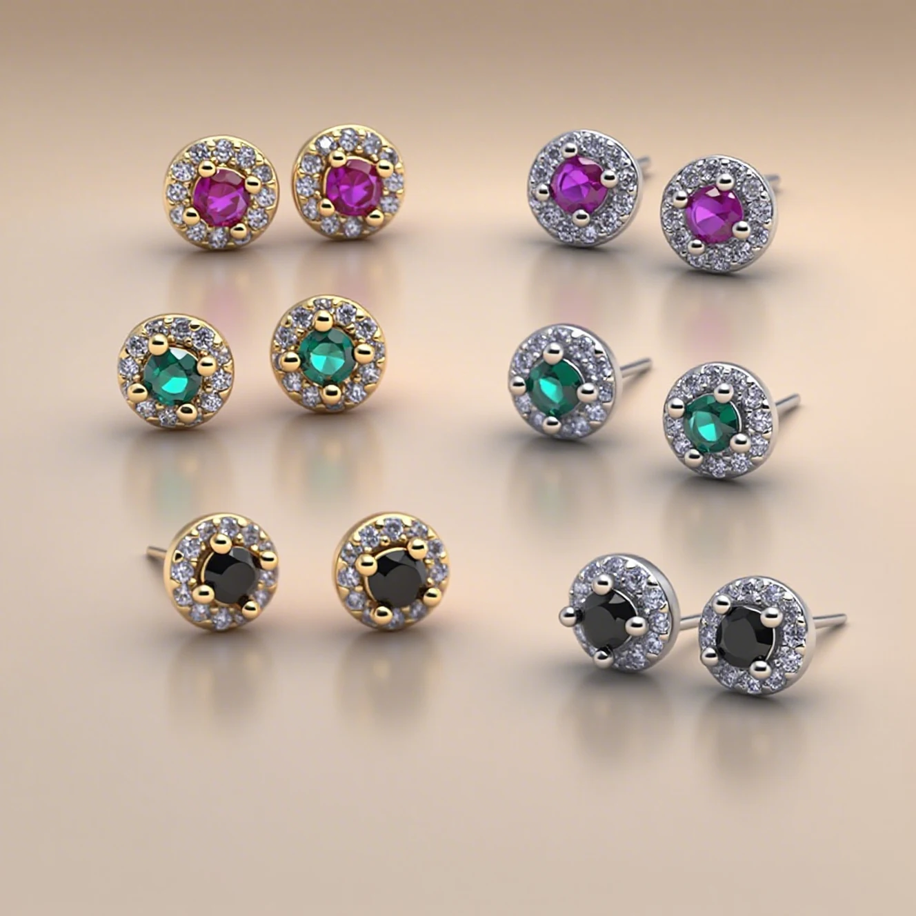 

Round Halo Cz Stud Earrings Women Vintage Gemstone White or Yellow 18K Gold with Push Backs Birthstone Hypoallergenic