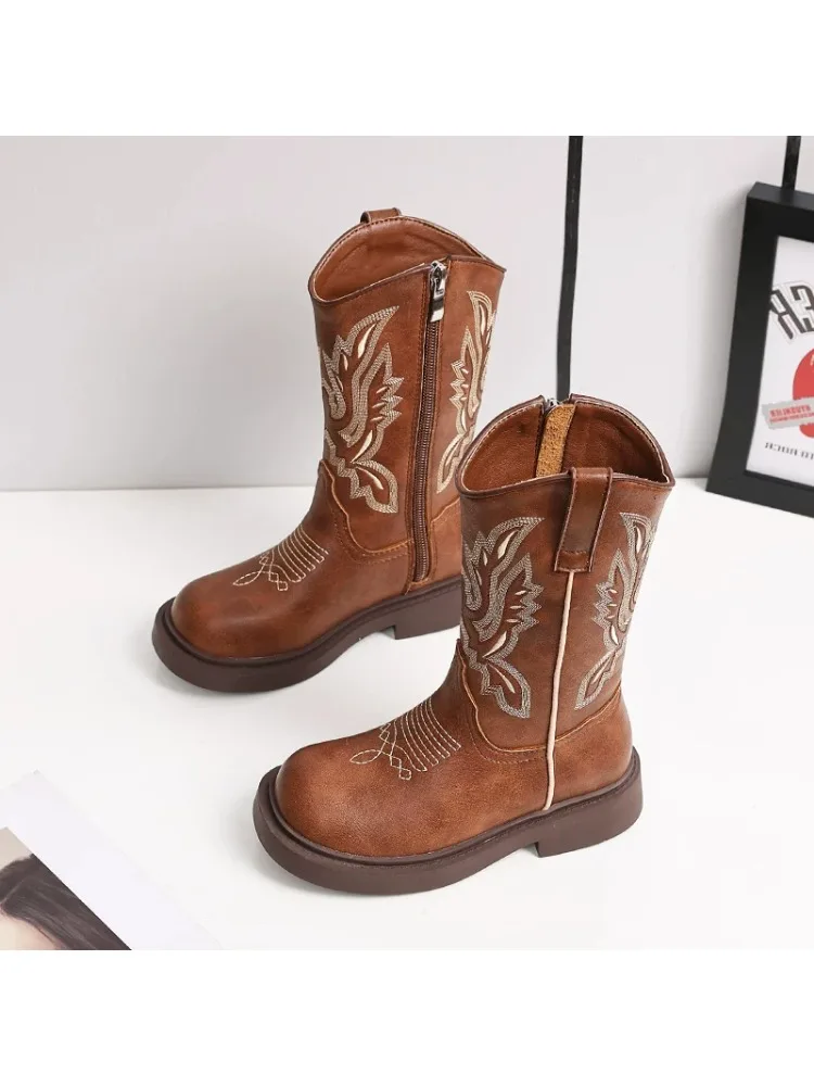 Western-Cowboy-Stiefel für Mädchen, kniehoch, Vintage-Look, aus strapaziertem PU-Leder mit Stickereimuster, modische Stiefel mit niedrigem Absatz für Herbstmode. – Detail 7
